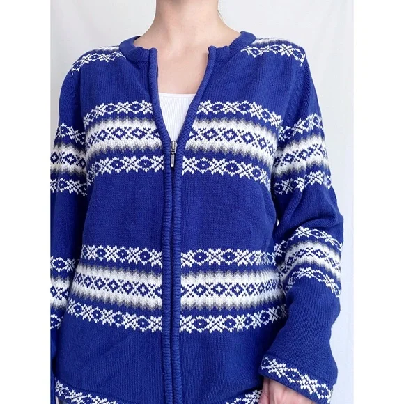 Vintage Retro Fair Isle Blue + White Printed Zip Up Knit Cardigan Sweater - Picture 7 of 12